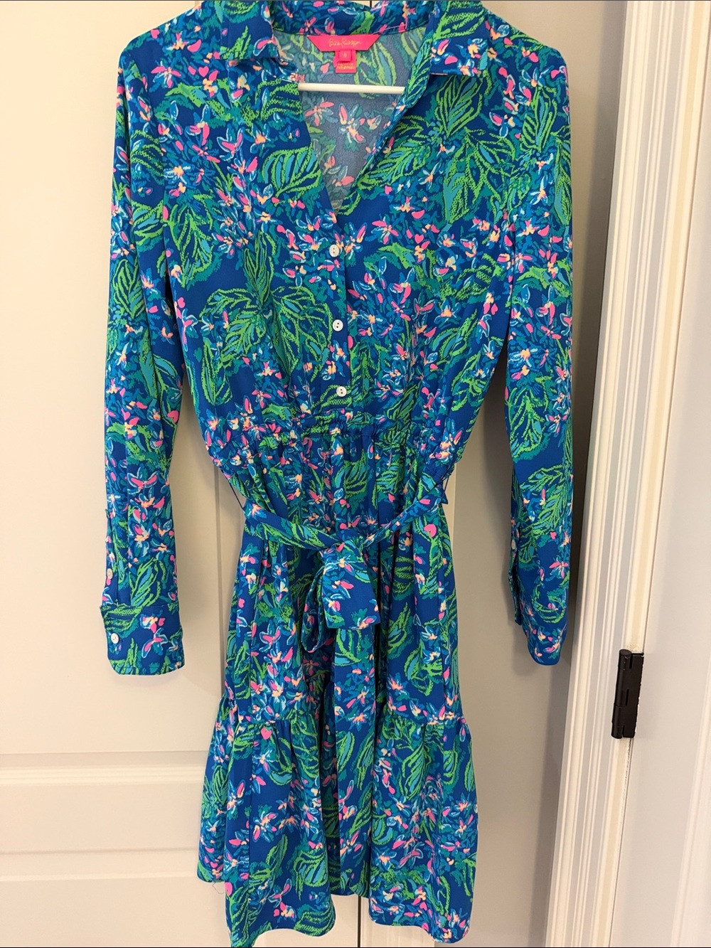 Lilly Pulitzer Blue Dress with Green and Pink Leaf Print - Long Sleeve